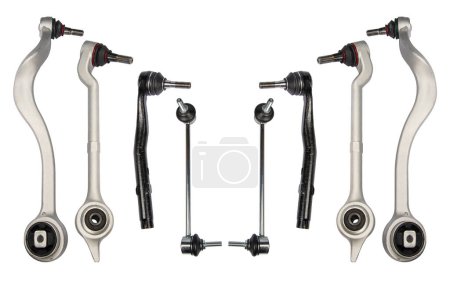 Front stabilizer isolated on white background. New car spare parts. Stabilizer link isolated. Rod connecting link. New car stabilizer links. Quality spare parts for car service or maintenance