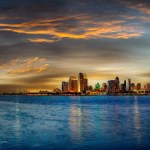 Evening image of San Diego across the harbor with a dramatic sky
