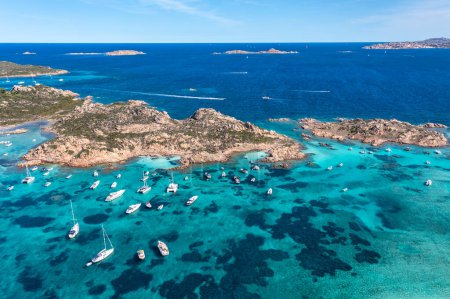 Photo for Aerial view of islands and tourists boats in the La Maddalena Archipelago in Sardinia, Italy. - Royalty Free Image