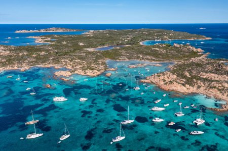 Photo for Aerial view of islands and tourists boats in the La Maddalena Archipelago in  Sardinia, Italy. - Royalty Free Image