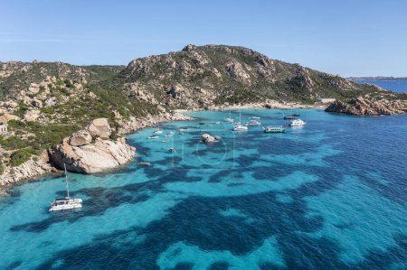 Photo for Aerial view of Spargi Island with Cala Corsara, a white sand beach bathed by a turquoise water in La Maddalena Archipelago, Sardinia, Italy. - Royalty Free Image