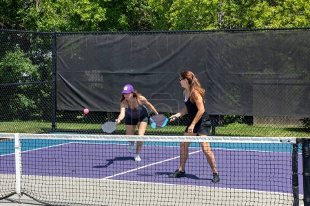 Two pickleball players in action at the net on a suburban pickleball court during summer.