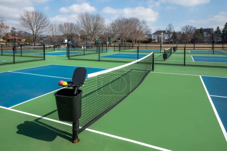 View of a pickleball complex with blue and green courts beside a playground in a suburban park in early spring.