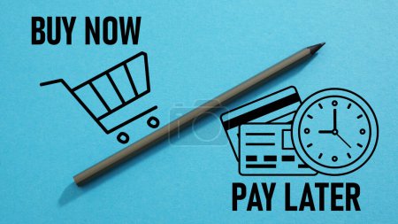 Photo for Buy now pay later is shown using a text and pictures of cart trolley and bank cards - Royalty Free Image