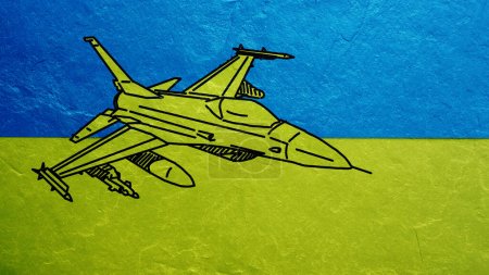 Téléchargez les photos : Photo de chasseur aérien F-16 sur le drapeau de l'Ukraine sur un mur de béton - en image libre de droit