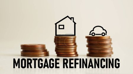 Photo for Mortgage Refinancing is shown using a text and photo of the coins and picture of the house - Royalty Free Image