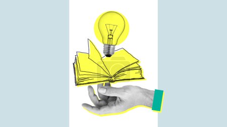 Collage mit der Hand mit Buch und Lampe. Bücherwurm lernen, Literatur stapeln oder Eureka Brainstorming. Geniale Lösung Erfindung isoliert auf blauem Hintergrund