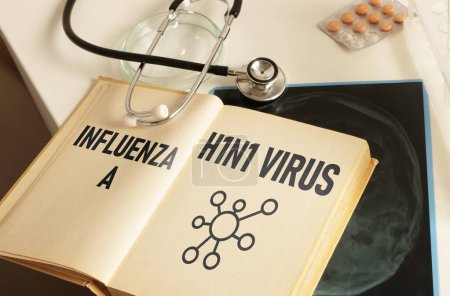 Téléchargez les photos : Le virus de la grippe A H1N1 est représenté à l'aide du texte d'un livre - en image libre de droit