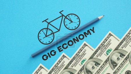 Photo for Gig Economy is shown using a text and photo of dollars and picture of bike - Royalty Free Image