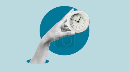 Photo for Collage with the hand with clock. Time planning, time lapse, time at hand, little time. - Royalty Free Image