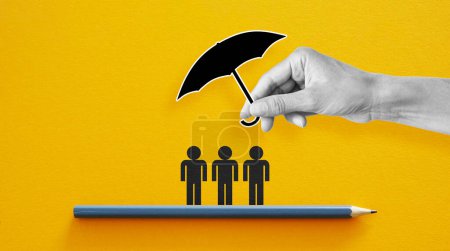 Insurance and social protection concept. Collage with group of people and an umbrella above. Human resources. Life insurance. Customer care.