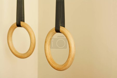 Photo for Set of wooden gymnastic rings in a gymnasium over a white wall with copy space in a healthy lifestyle and fitness concept - Royalty Free Image
