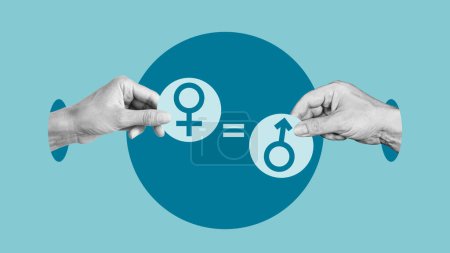 Gleichstellung oder Vergleich der Geschlechter. Collage mit Händen, die männliche und weibliche Geschlechtszeichen halten. Liebe, Freiheit und Bewusstsein