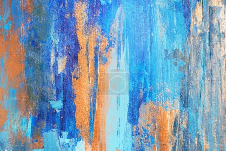 Foto de Color abstracto acrílico pintura fondo con trazos de mano azules y dorados - Imagen libre de derechos