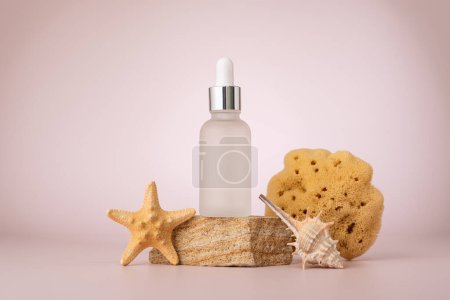 Glass serum bottle for organic cosmetic with sea minerals. Mock-up for skincare cosmetic product and sea shells.
