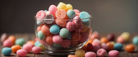 colorful candy in a bowl on a table, close up