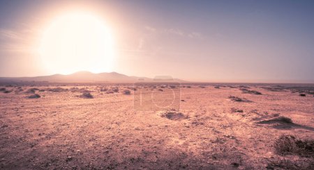 Panorama view on mars alien like volcanic desert landscape in Fuerteventura, Canary Islands