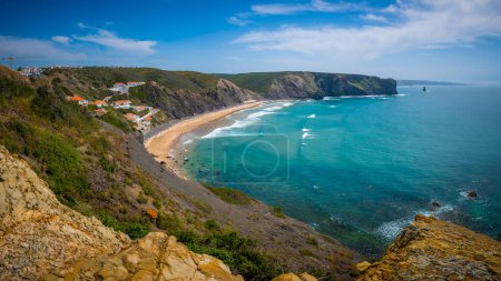 Panoramic view on Arrifana beach on the Atlantic ocean coast of the Algarve in Portugal