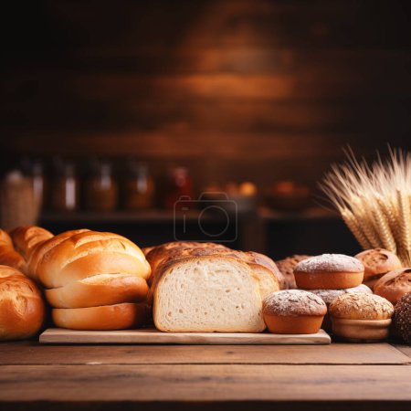 Photo for Fresh Bread Bakery on the Wooden Table - Royalty Free Image