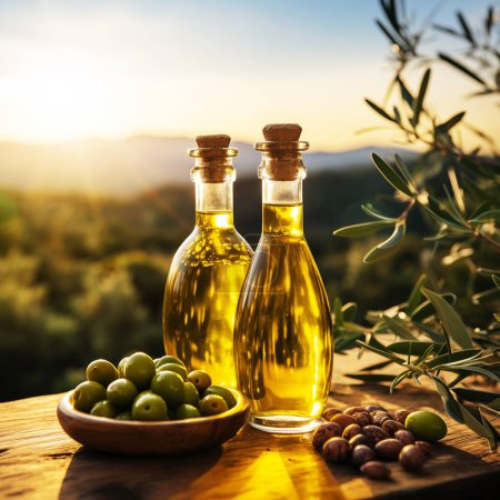 Photo for Golden Olive Oil with Olives Leaves - Royalty Free Image