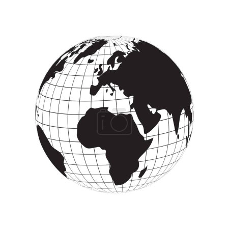 Ilustración de Globo silueta mapa del mundo continentes Europa y África, latitud de la tierra y longitud línea cuadrícula vector - Imagen libre de derechos