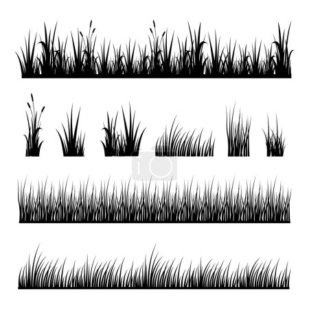 Téléchargez les illustrations : Ensemble vectoriel de silhouettes d'herbe isolées sur fond blanc - en licence libre de droit