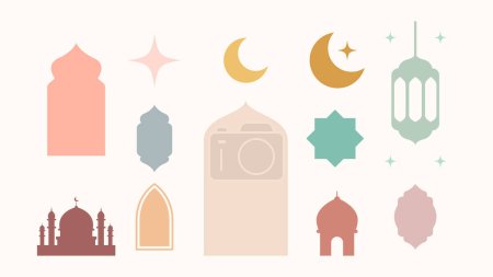 Illustration for Collection of elements in the oriental style of Ramadan Kareem and Eid Mubarak. Islamic windows, arches, stars and moon, mosque doors, mosque domes and lanterns. - Royalty Free Image