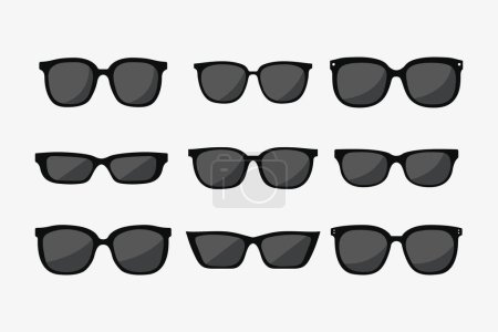 Ensemble de lunettes de soleil de différentes formes et tailles. Les lunettes de soleil sont toutes noires et disposées en une rangée