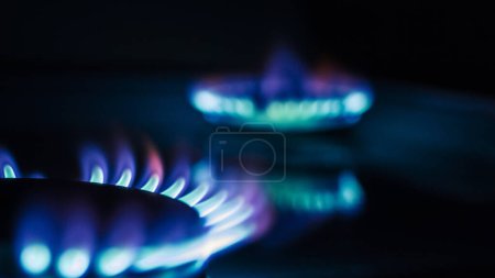 Téléchargez les photos : Un billet de cent dollars sur un brûleur à gaz avec un feu brûlant sur un fond noir, le fond avant et arrière est flou avec un effet bokeh - en image libre de droit