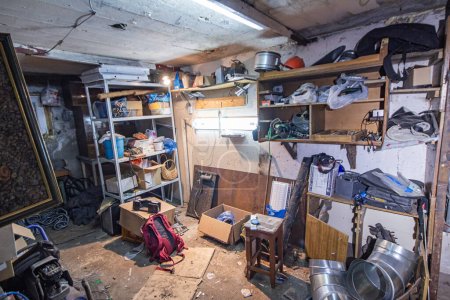 Photo for A big mess in the garage from rubbish, dismantling abandoned containers after a long period of inactivity without paying rent at auction - Royalty Free Image