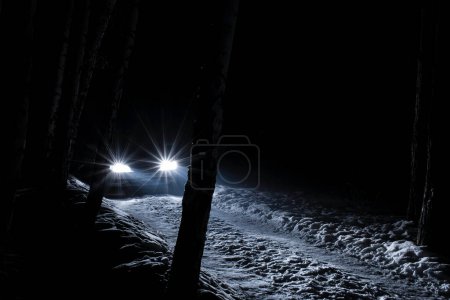 Sportwagen mit eingeschaltetem Fernlicht in einem Winter-Kiefernwald bei Nacht, Front und Hintergrund mit Bokeh-Effekt verschwommen 