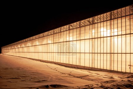 view of the greenhouse from the outside, all shining against the backdrop of snow and frosty night, providing strategic supplies of vegetables