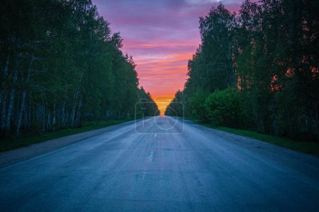 route au coucher du soleil rouge dans une forêt