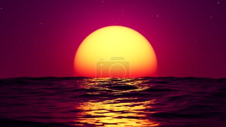 Große rotglühende Sonne im Spiegelbild des Meeres am Horizont. 3D-Darstellung..