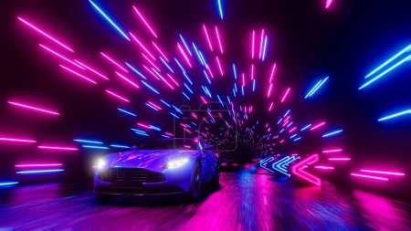 Téléchargez les photos : Une voiture de sport avec ses phares allumés est en course sur une route de nuit. Illustration de rendu 3D.. - en image libre de droit