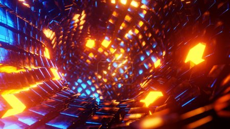 Flying through a tunnel of blue and orange metal cubes. 3D rendering illustration..