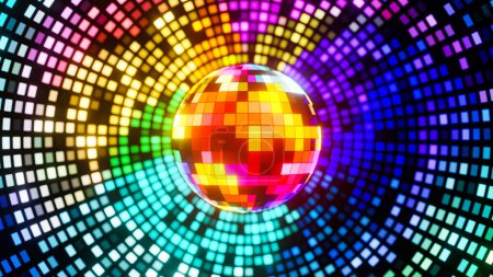 Téléchargez les photos : Une boule disco lumineuse avec des reflets multicolores sur le mur. Illustration de rendu 3D.. - en image libre de droit