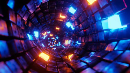 Foto de Volando en un túnel con cubos brillantes. Ilustración de representación 3D.. - Imagen libre de derechos