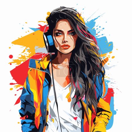 Illustration for Drawing of woman with headphones in her ears and jacket on. - Royalty Free Image