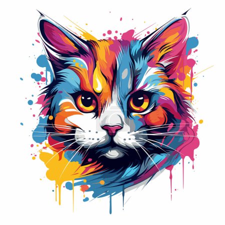 Illustration for Colorful cat's face is shown with paint splatters on it. - Royalty Free Image