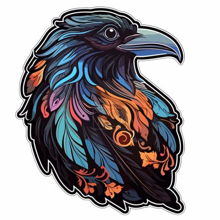 Illustration for Black bird with colorful feathers and leaves on it's head, on white background. - Royalty Free Image