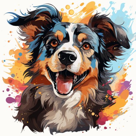 Ilustración de Primer plano de la cara del perro con salpicaduras de pintura de colores. - Imagen libre de derechos