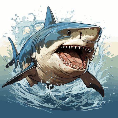 Téléchargez les illustrations : Dessin de grand requin blanc avec sa bouche ouverte dans l'eau. - en licence libre de droit