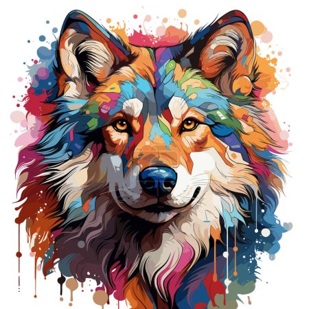 Illustration for Painting of wolf's face with colorful paint splatters. - Royalty Free Image