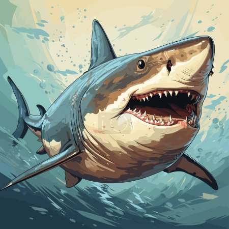 Téléchargez les illustrations : Dessin de grand requin blanc nageant dans l'océan avec sa bouche ouverte. - en licence libre de droit