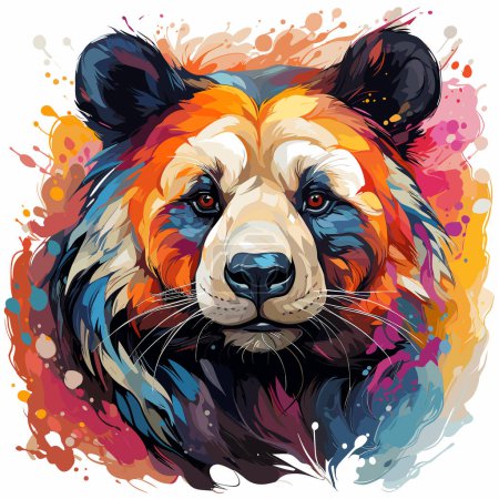 Illustration for Colorful panda bear's face on white background with splash of paint. - Royalty Free Image