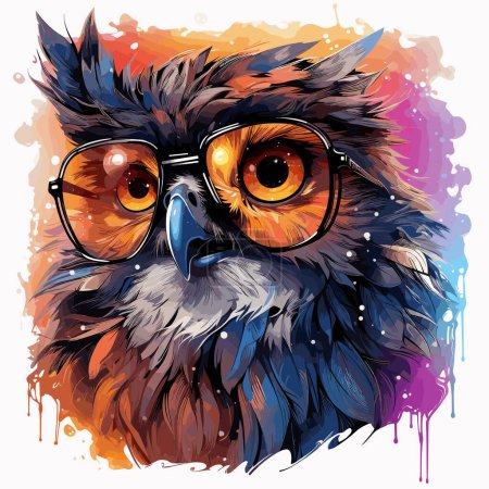 Painting of owl wearing glasses with paint splatters on it.