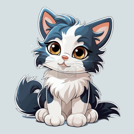 Illustration for Black and white cat with big eyes sitting down on blue background. - Royalty Free Image