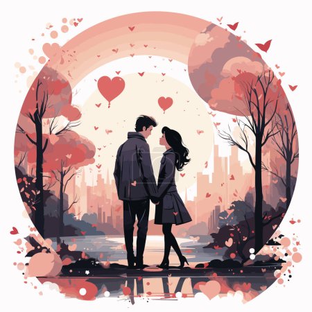 Ilustración de Hombre y mujer de pie uno al lado del otro frente a los árboles. - Imagen libre de derechos