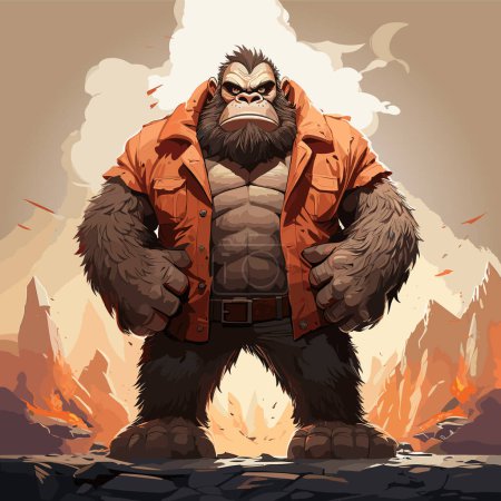 Téléchargez les illustrations : Gorille de bande dessinée avec veste orange debout devant la chaîne de montagnes. - en licence libre de droit